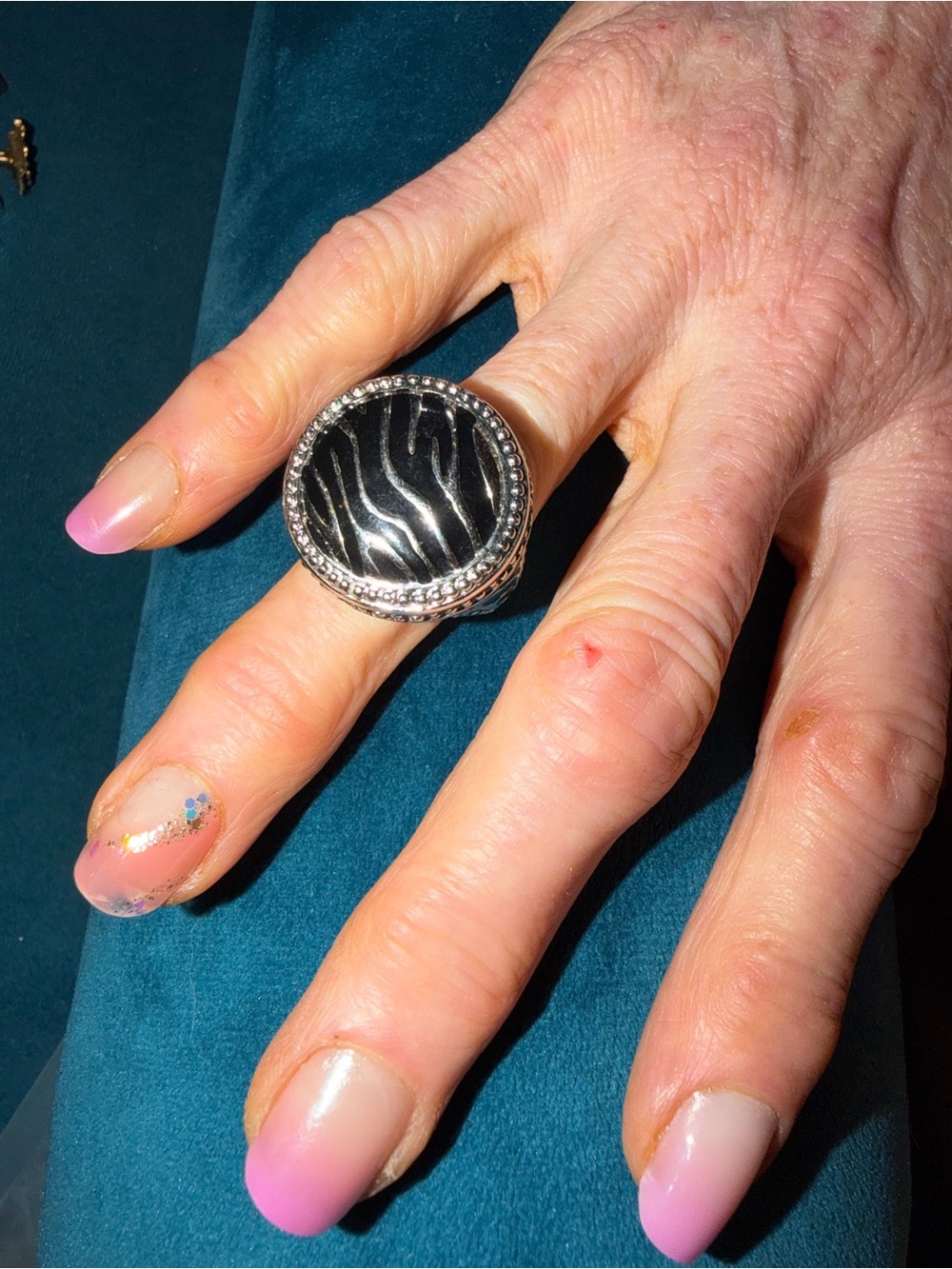 Silver-tone Black Zebra Print Statement Ring
